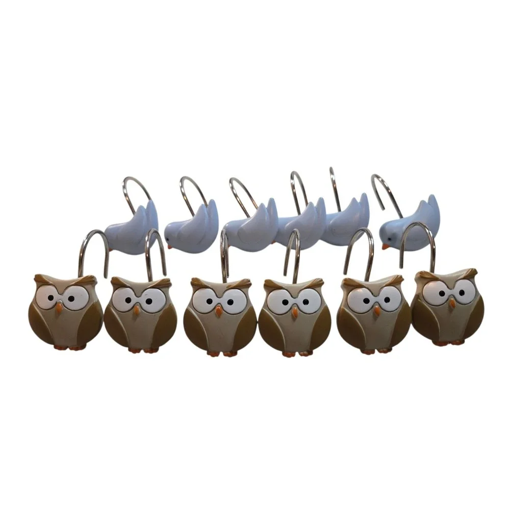 NEW 12 Colorful Resin Brown Owls Blue Birds Shower Curtain Hooks Bathroom Decor